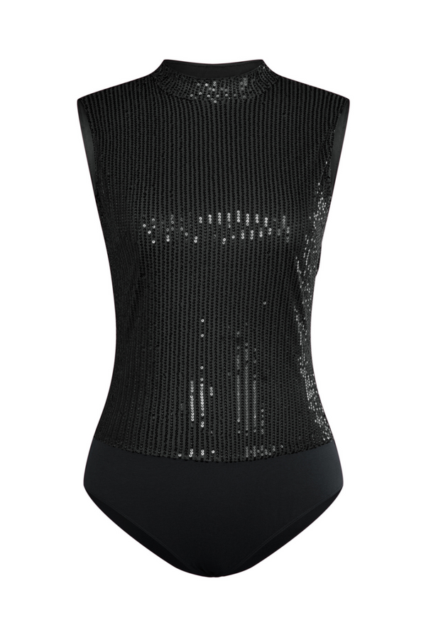 kate aspen Sequined Party Teddy Sleeveless Stand Collar Cowl Neck Back Bodysuit