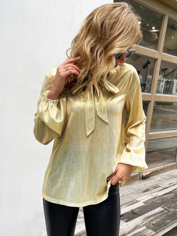 Kate Aspen Shiny Metallic-Like Blouse Long Sleeve V-Neck Bow-knot Decorated Tops