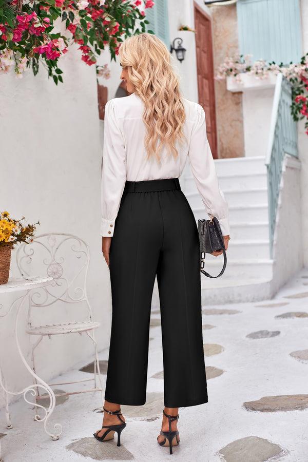 Kate Aspen Straight Leg Pants High Waist Belt Decorated Trousers