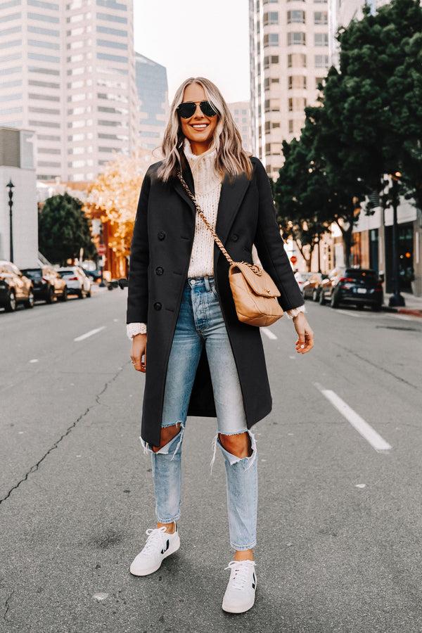 Kate Aspen Trench Coats For Women 2023 Winter Faux Wool Notch Lapel Double-Breasted Long Peacoat With Slit Pockets