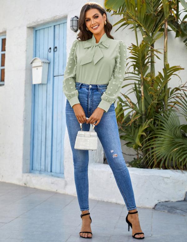 Kate Aspen Women Bow-Knot Decorated Shirt Pullover Long Sleeves V-Neck Tops