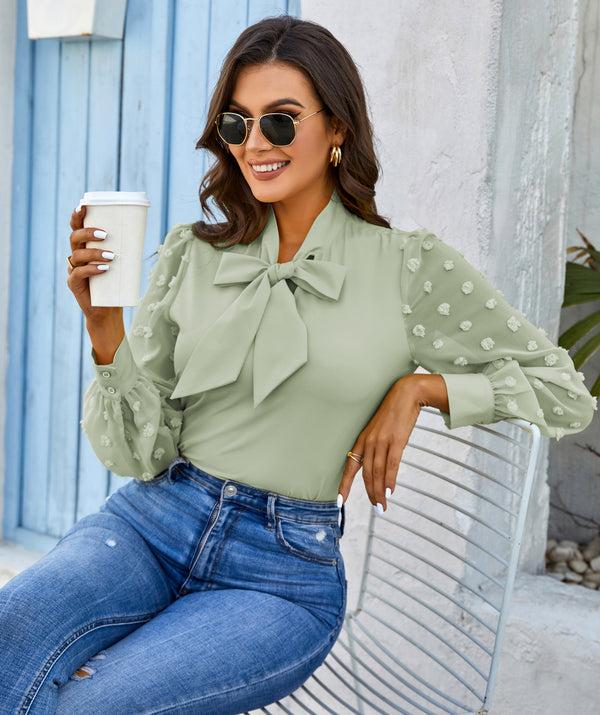 kate aspen Women Bow-Knot Decorated Shirt Pullover Long Sleeves V-Neck Tops