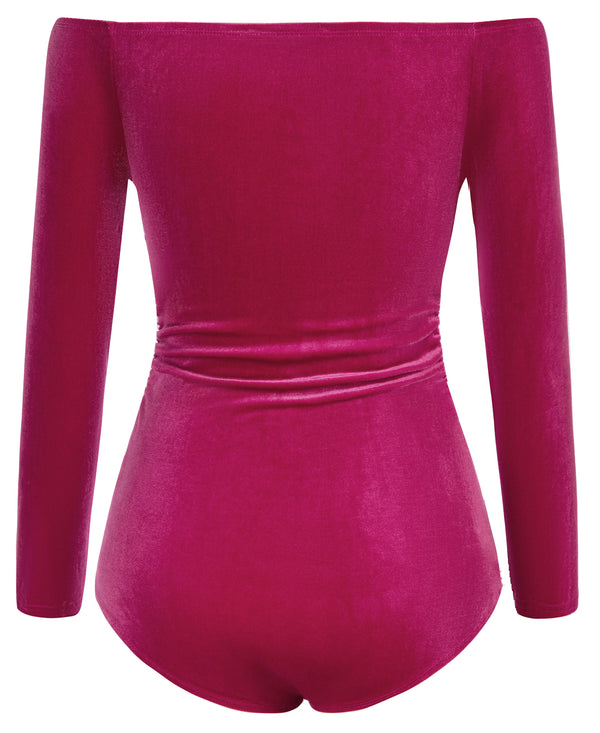 Kate Aspen Women Cut-out Front Velvet Bodysuit Long Sleeve Off Shoulder Party Costume