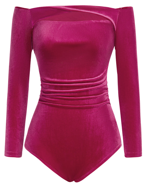 Kate Aspen Women Cut-out Front Velvet Bodysuit Long Sleeve Off Shoulder Party Costume