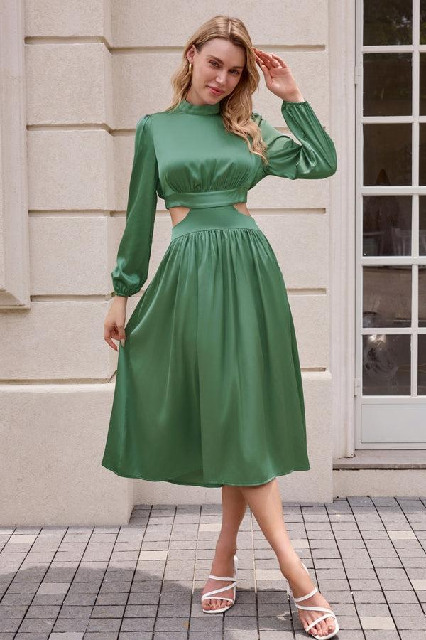 kate aspen Women Cut-out Waist Dress Long Sleeve Half High-Neck Elastic Waist Dress