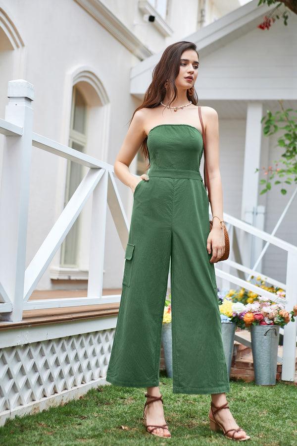 kate aspen Women Defined Waist Cotton Jumpsuit Strapless Smocked Back Straight Jumpsuit