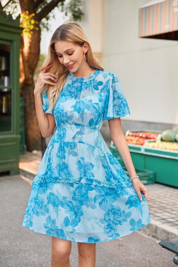 Kate Aspen Women Elastic Waist Dress Short Sleeve Crew Neck Agaric Lace Decorated Dress