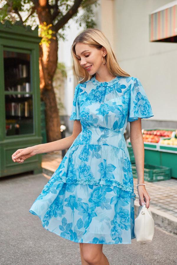 kate aspen Women Elastic Waist Dress Short Sleeve Crew Neck Agaric Lace Decorated Dress