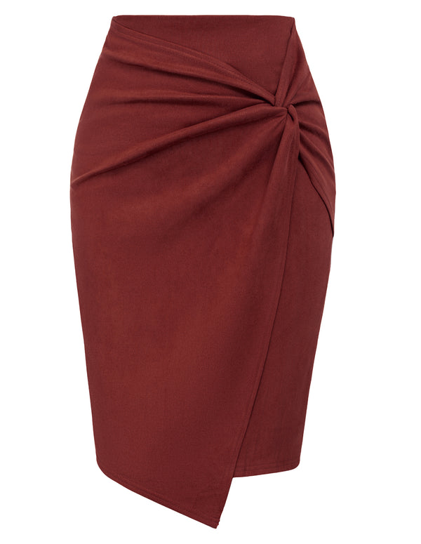 Kate Aspen Women Faux Suede Skirt OL High Waist Knotted Front Bodycon Skirt
