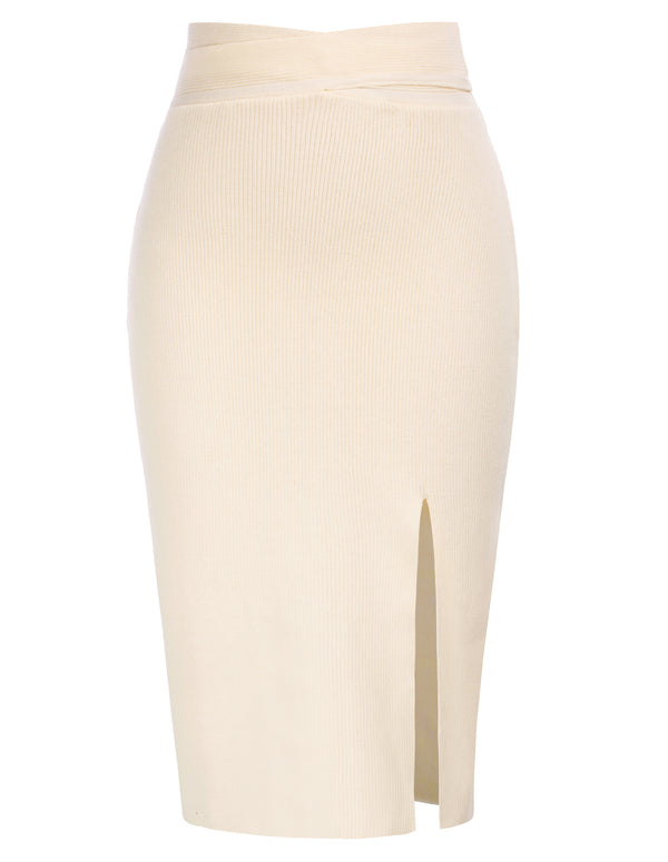 Kate Aspen Women Front Slit Sweater Skirt Cross Over Waist Below Knee Knitted Skirt
