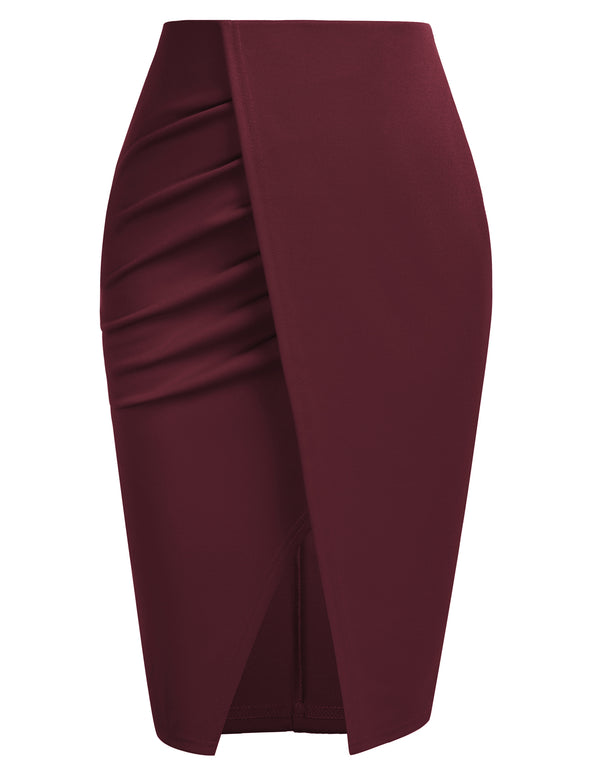 Kate Aspen Women High Waisted Warp Ruched Pencil Skirt Elegant Split Slit Hem Bodycon Midi Skirt Wear To Work