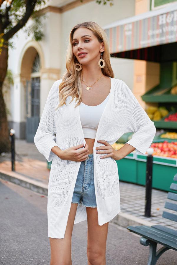 Kate Aspen Women Hollowed-out Cardigan 3/4 Sleeve Open Front Mid-Thigh Length Sweater