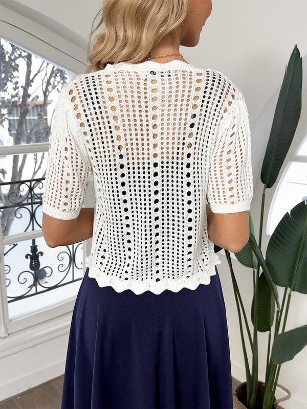 Kate Aspen Women Hollowed-out Cardigan Short Sleeve V-Neck Tie-Front Shrug Knitwear