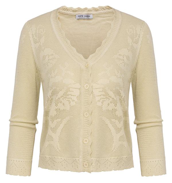 kate aspen Women Hollowed-out Textured Cardigan 3/4 Sleeve V-Neck Button-up Sweater