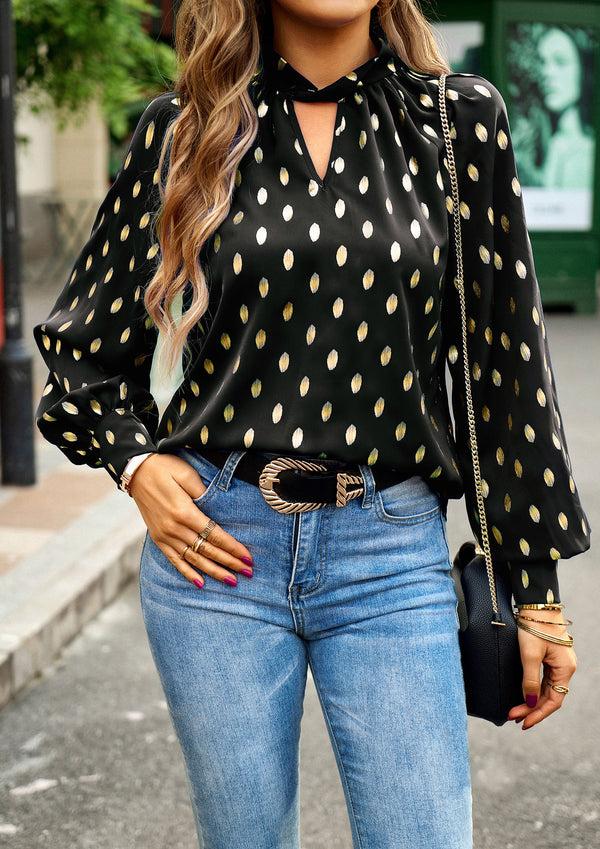 Kate Aspen Women Hot Stamping Blouse Long Lantern Sleeve Knotted Neck Pullover Tops