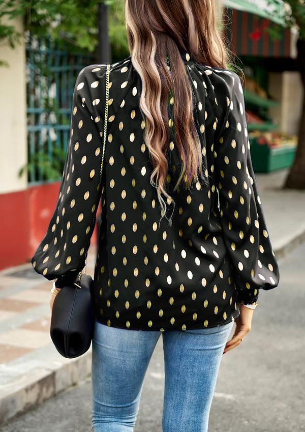 Kate Aspen Women Hot Stamping Blouse Long Lantern Sleeve Knotted Neck Pullover Tops