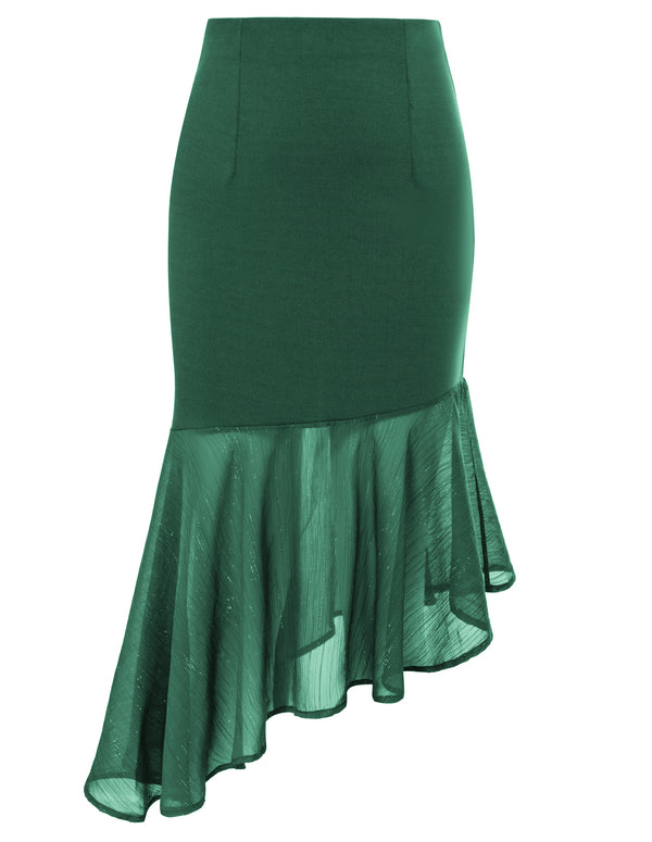 Kate Aspen Women Irregular Hem Skirt High Waist Contrast Fabric Bodycon Skirt