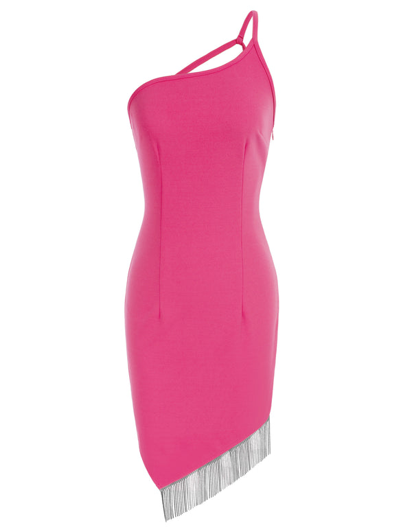 Kate Aspen Women Irregular Tassel Hem Party Dress One-Shoulder Knee Length Bodycon Dress