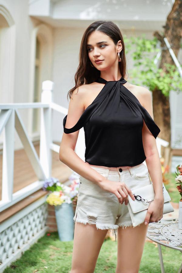 Kate Aspen Women Knotted Halterneck Tops Loose Fit Comfy Keyhole Back Pullover Tops