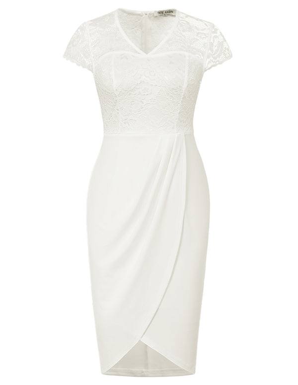 kate aspen Women Lace Patchwork Dress OL Cap Sleeve V-Neck Ruched Bodycon Dress