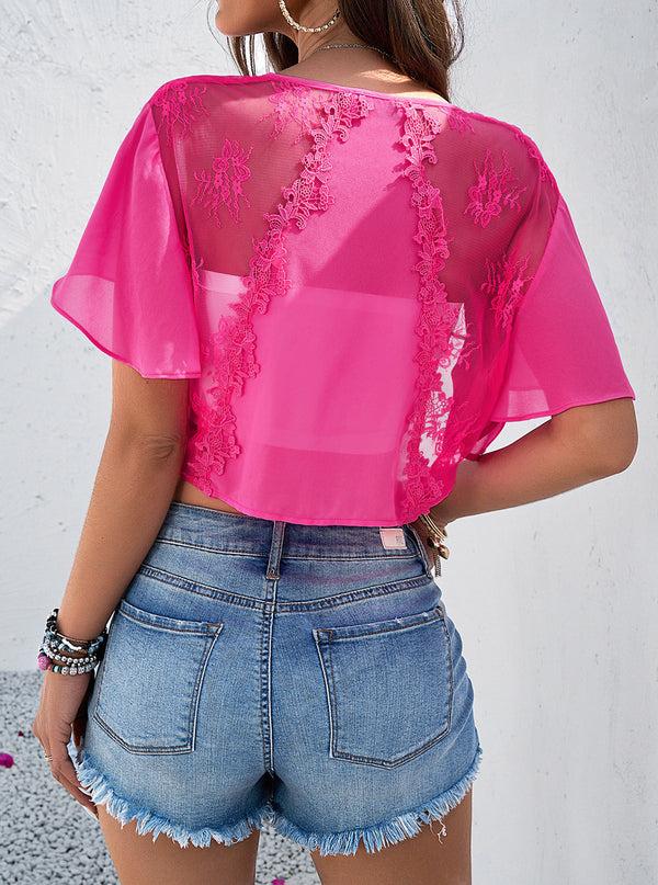 Kate Aspen Women Lace Patchwork Tops Short Flounce Sleeve Open Front Chiffon Tops