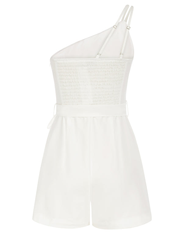 Kate Aspen Women One-Shoulder Romper With Belt Dual Strap Smocked Back Playsuit