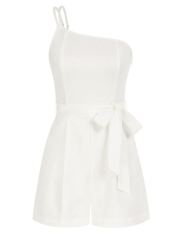 kate aspen Women One-Shoulder Romper with Belt Dual Strap Smocked Back Playsuit