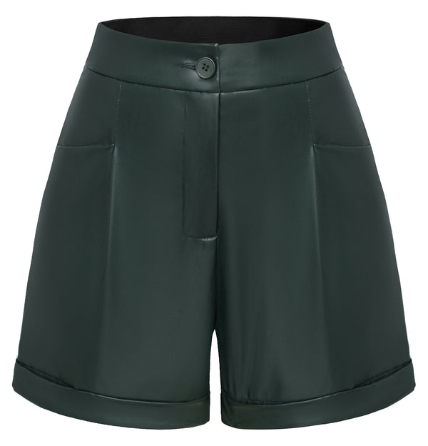 Kate Aspen Women Polyurethane Leather Shorts High Waist Fold-up Leg Opening Shorts
