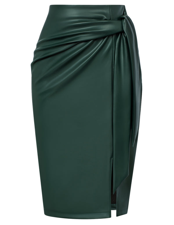 Kate Aspen Women Polyurethane Leather Skirt OL High Waist Front Slit Bodycon Skirt