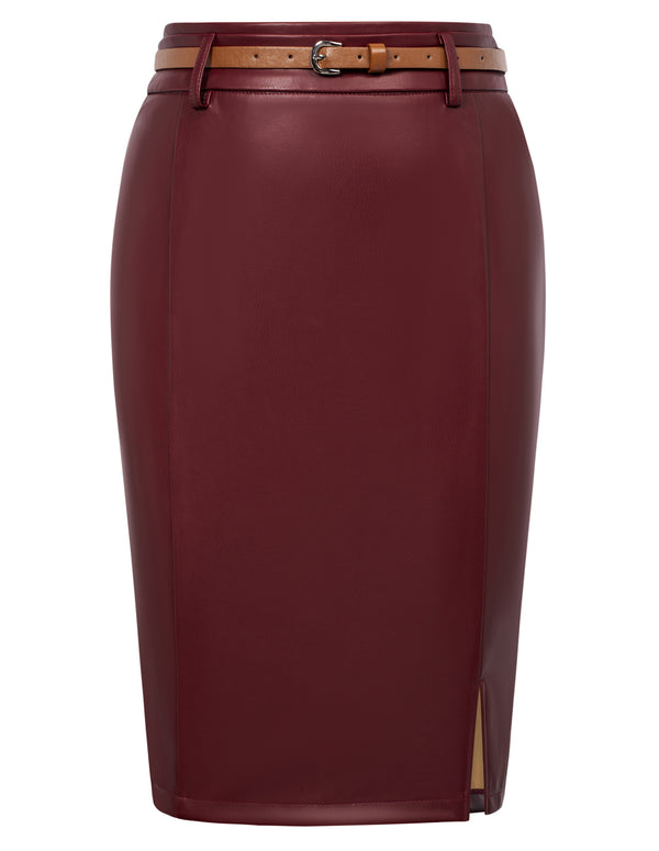 Kate Aspen Women Polyurethane Leather Skirt With Belt High Waist Front Slit Pencil Skirt