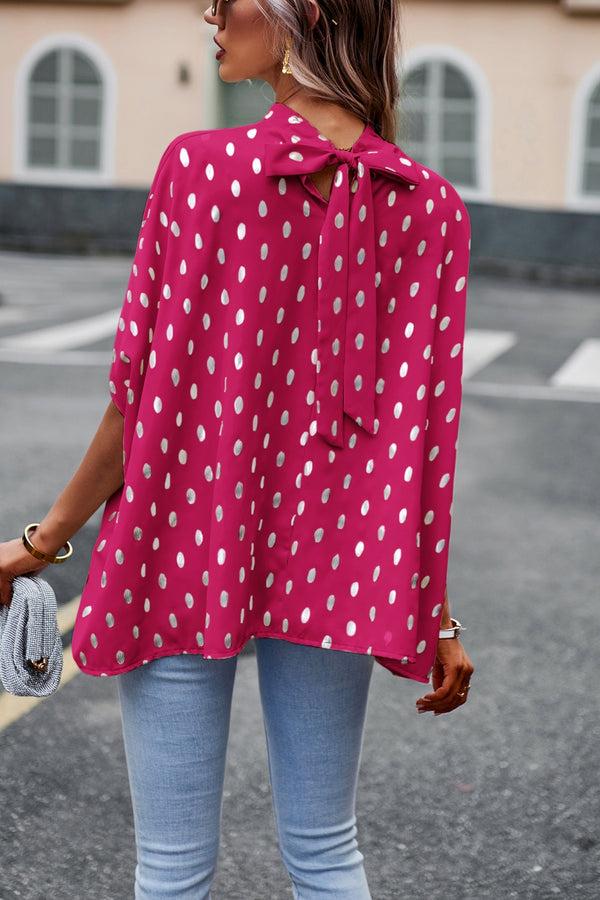 Kate Aspen Women’s Batwing Sleeve Blouse Tops Mock Neck Polka Dot Blouses Casual Tie Back Drape Shirts