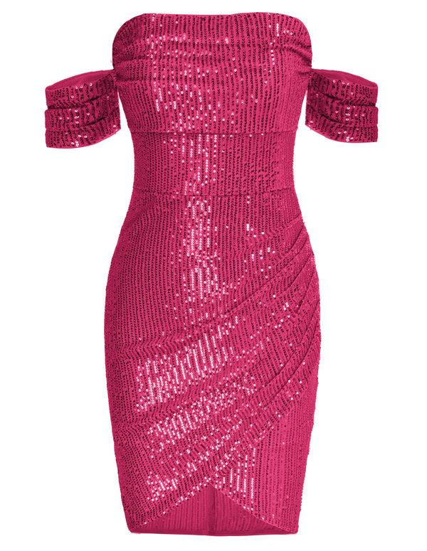 Kate Aspen Women's Glitter Sequin V Neck Ruched Off Shoulder Stretchy Bodycon Mini Party Dress