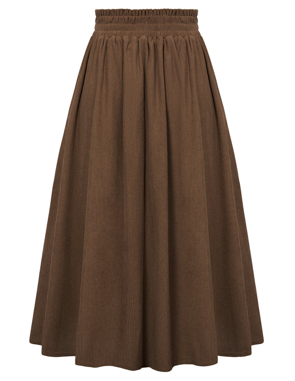 Kate Aspen Women's High Waist Midi Skirt Vintage Elastic A-Line Pleated Button Skirts With Pockets