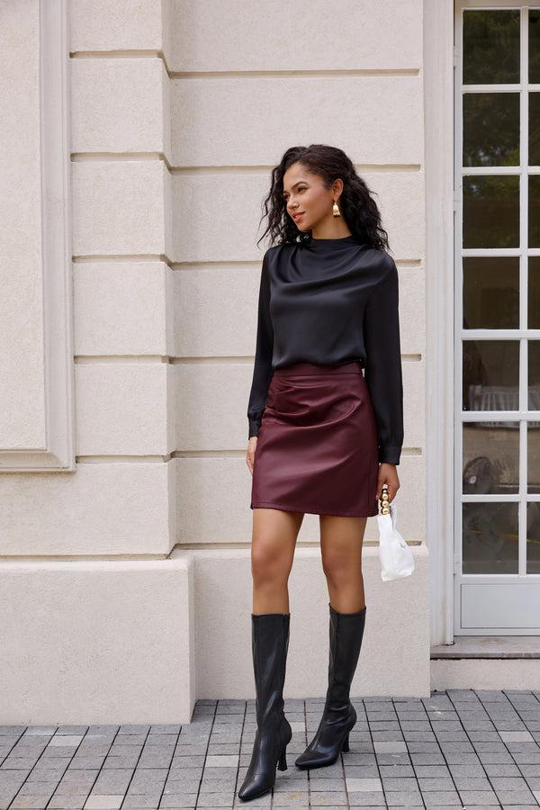 Kate Aspen Women's Leather Skirts Front Slit Ruched Bodycon Mini Skirt High Waist PU Leather Skorts