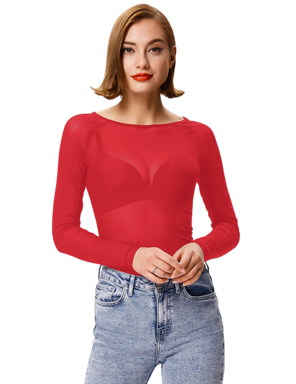 kate aspen Women's Long Sleeve Scoop Neck See-through T-shirt Tops