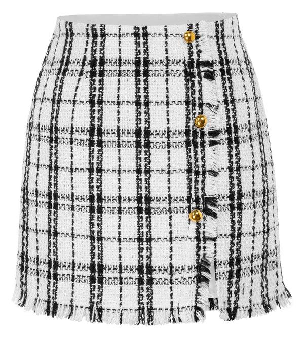 Kate Aspen Women's Plaid Tweed Skirt High Waist Button Front Split Bodycon Pencil Mini Skirts