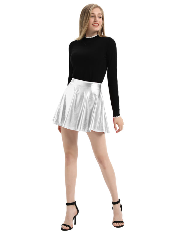 Kate Aspen Women's Shiny Metallic Skater Skirt Fashion Flared Mini Skirt