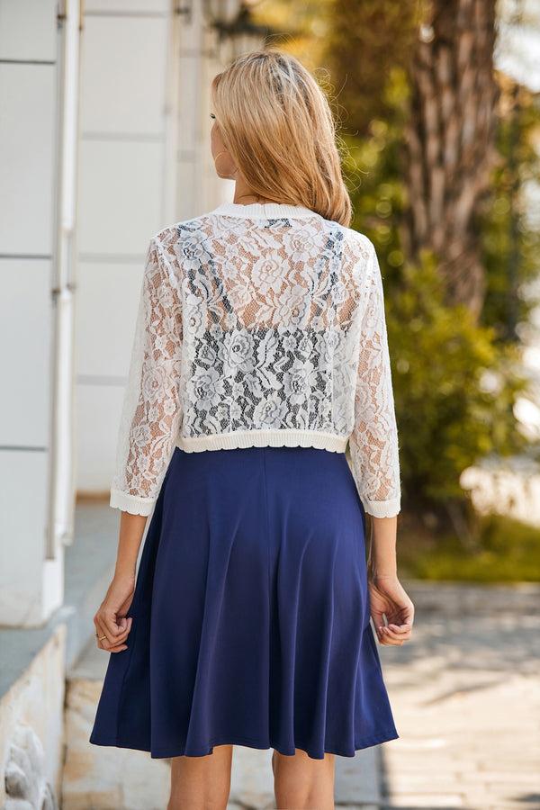 Kate Aspen Women See-Through Lace Shrug 3/4 Sleeve Open Front Irregular Hem Bolero