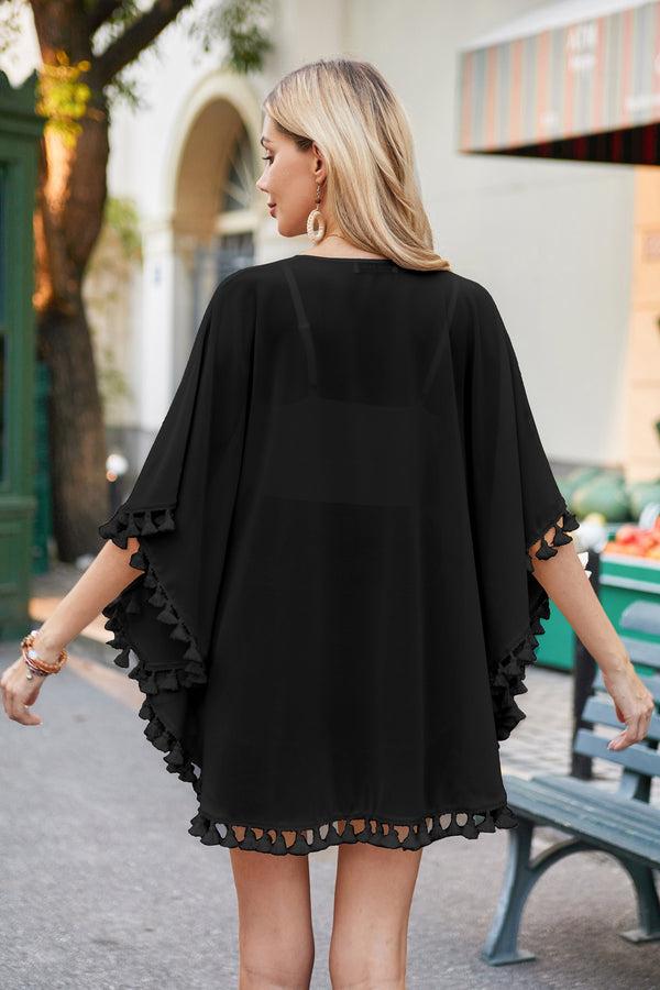 Kate Aspen Women Semi See-Through Chiffon Cover-up 3/4 Sleeve Tassel Decorated Tops