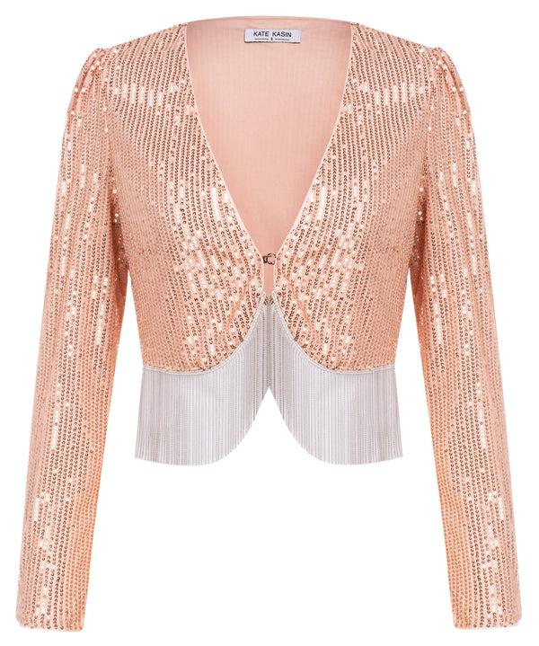 Kate Aspen Women Sequined Party Bolero Tops Long Sleeve Tassel Hem Shrug