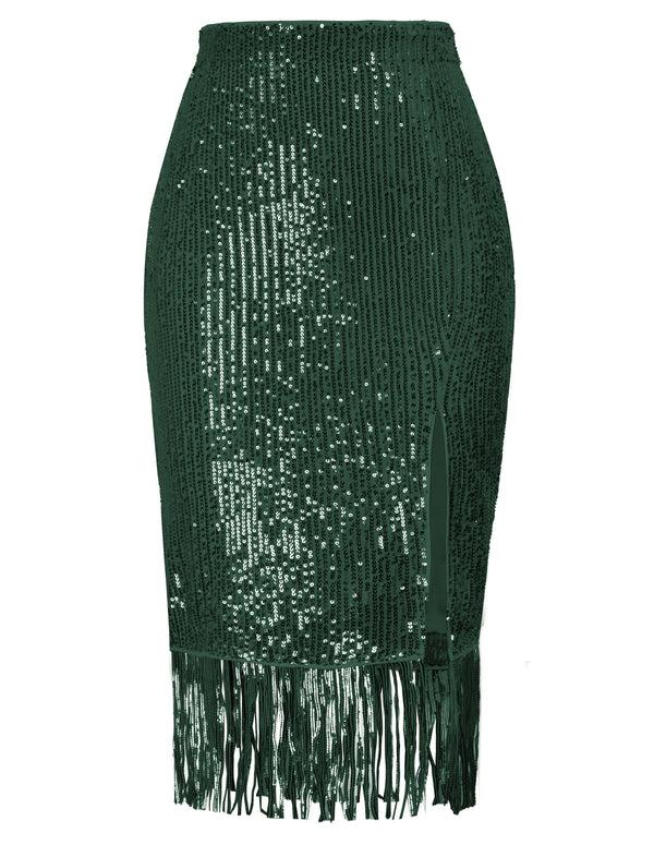 Kate Aspen Women Sequined Party Skirt Elastic Waist Front Slit Tassel Hem Bodycon Skirt