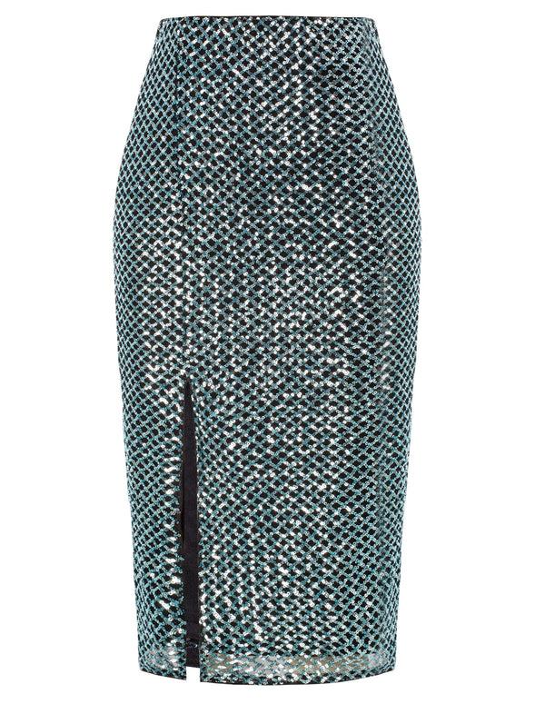Kate Aspen Women Sequined Party Skirt High Waist Front Slit Midi Bodycon Skirt