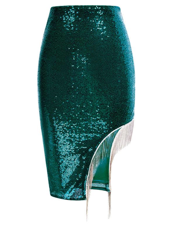 Kate Aspen Women Sequined Party Skirt Irregular Hem Below Knee Bodycon Skirt