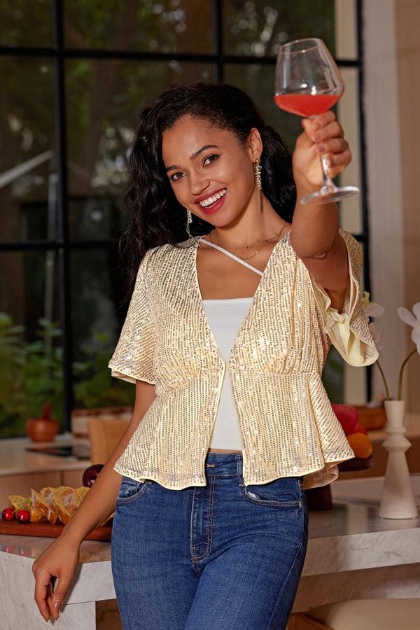 Kate Aspen Women Sequined Party Tops Short Sleeve Plunging Neck Peplum Hem Tops