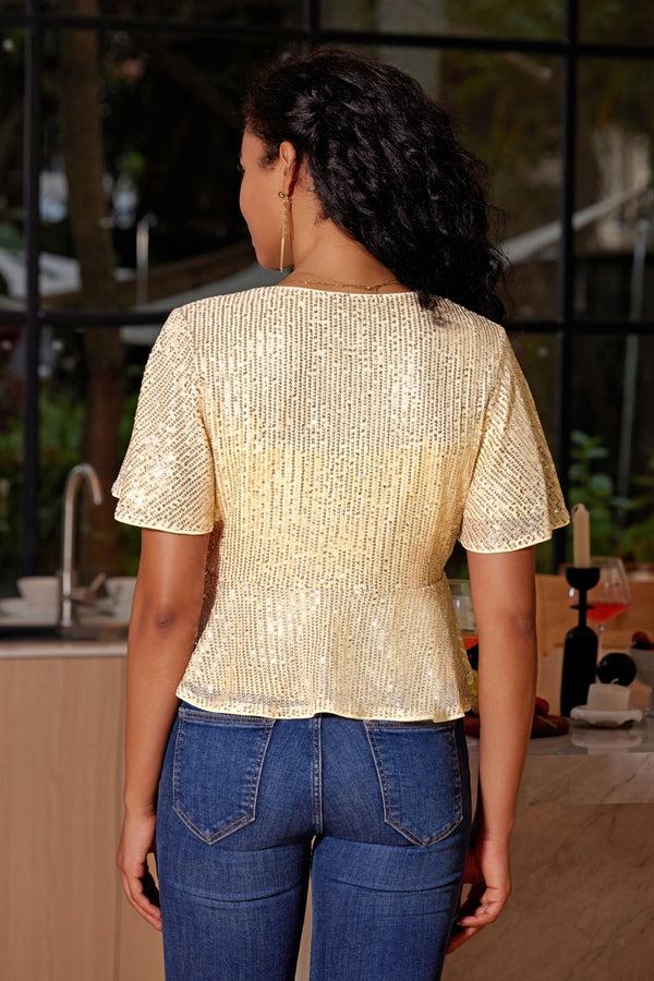 Kate Aspen Women Sequined Party Tops Short Sleeve Plunging Neck Peplum Hem Tops