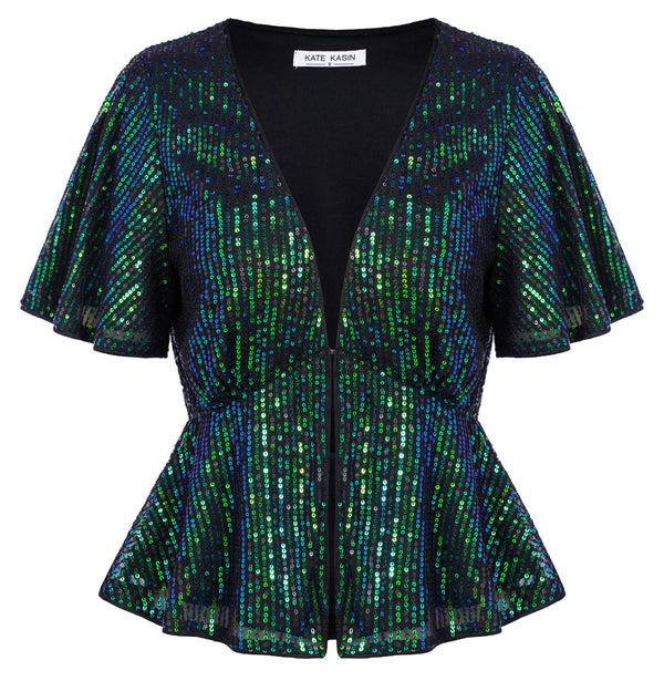 Kate Aspen Women Sequined Party Tops Short Sleeve Plunging Neck Peplum Hem Tops