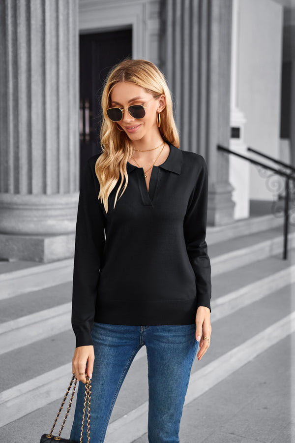 Kate Aspen Women Short Sleeve Polo Sweater V Neck Knitted Tops Casual Ribbed Shirt Loose Pullover Sweater