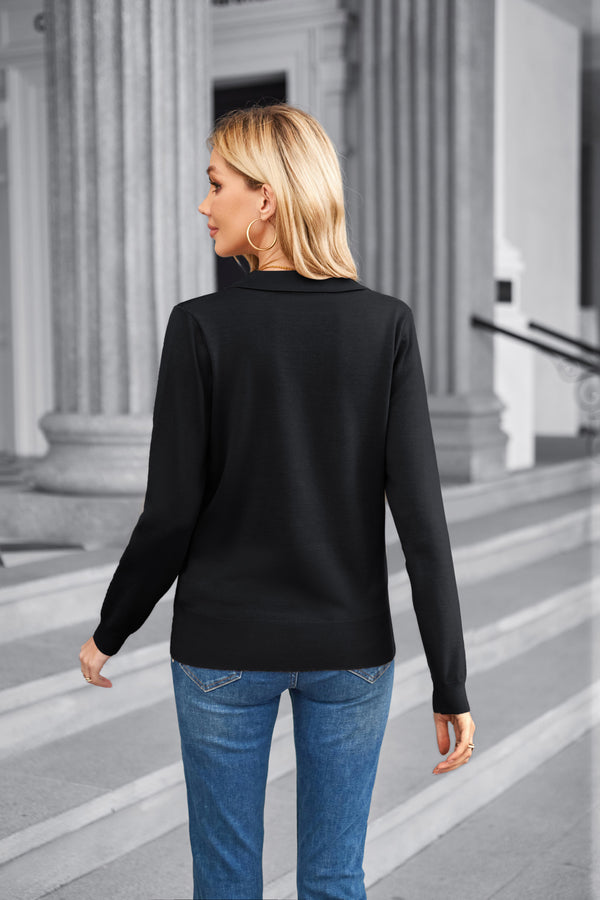 Kate Aspen Women Short Sleeve Polo Sweater V Neck Knitted Tops Casual Ribbed Shirt Loose Pullover Sweater