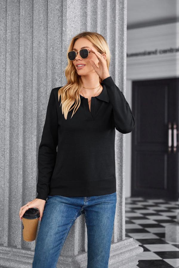 Kate Aspen Women Short Sleeve Polo Sweater V Neck Knitted Tops Casual Ribbed Shirt Loose Pullover Sweater