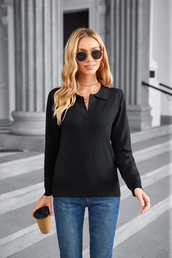 kate aspen Women Short Sleeve Polo Sweater V Neck Knitted Tops Casual Ribbed Shirt Loose Pullover Sweater